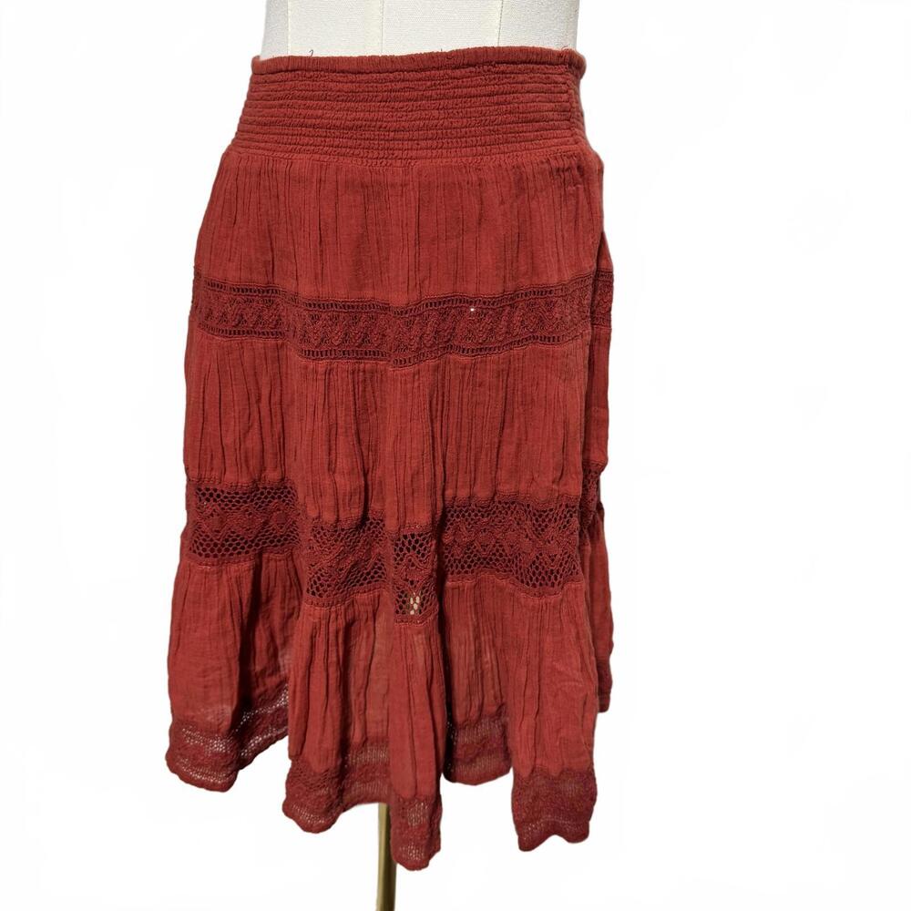 Anthropologie Boho Crochet Trim Terracotta Mini Skirt, 100% cotton, XS